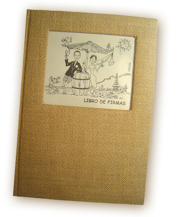 Un ejemplo de un libro de firmas con la caricatura de los novios